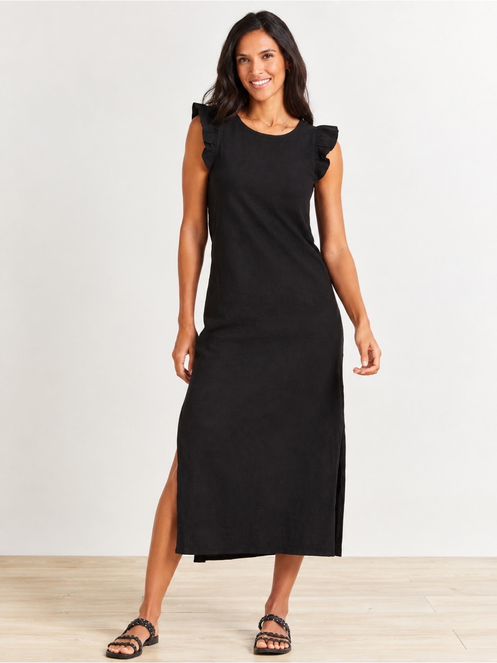 Z Supply Blakely Slub Ruffle Midi Dress Black Size XS Cottagecore